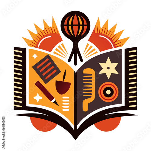 Artistic Open Book with African Symbols and Sankofa Bird in Glowing Aura