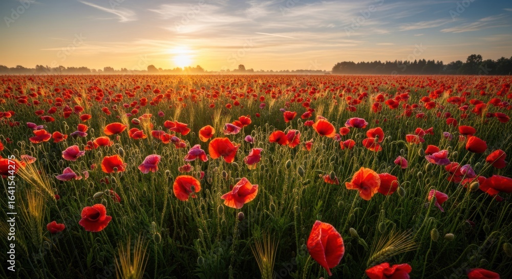 Obraz premium Poppy field at sunrise; golden light bathes the vibrant red flowers and green grass