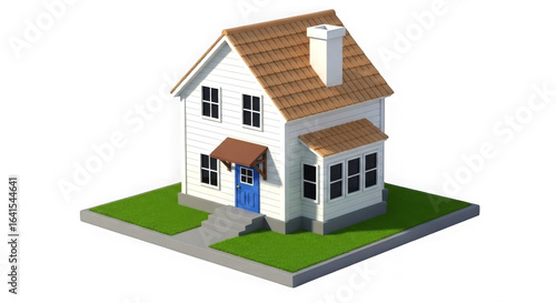 Small white house with brown roof and green lawn isolated on transparent background