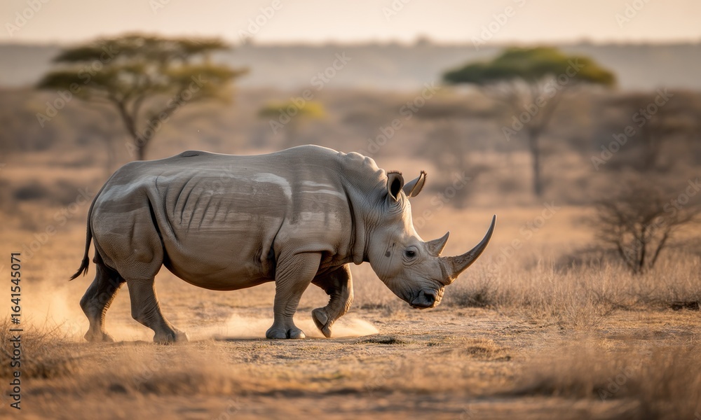 Fototapeta premium Rhino walks through dry savanna, raising dust in the golden sunlight