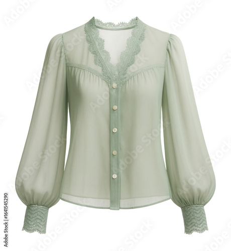 Sheer chiffon blouse with lace trim and bishop sleeves in pastel green