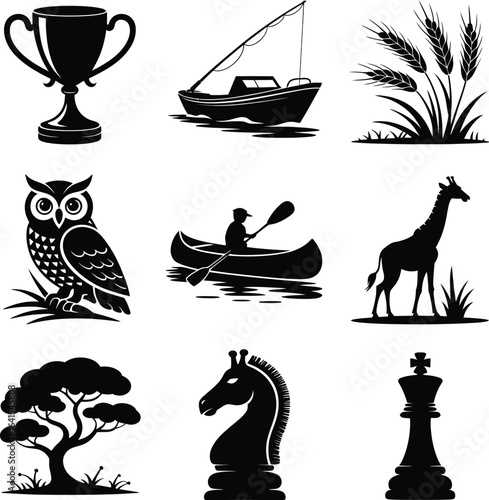 Assortment of silhouette icons for achievement, nature, and strategy trophy fishing boat