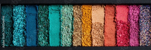 Vibrant eyeshadow palette showcasing a spectrum of shimmering and matte textures from deep teal to golden bronze, coral, and rich magenta, perfect for creative makeup artistry.