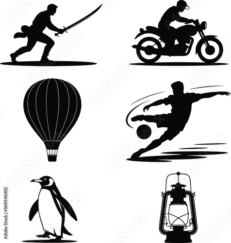 Black silhouettes of swordsman motorcyclist hot air balloon soccer player penguin and lantern