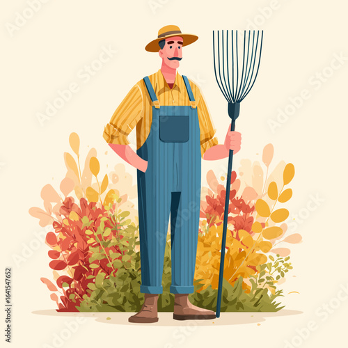 Cartoon Style Illustration of Gardener Holding Rake Surrounded by Plants