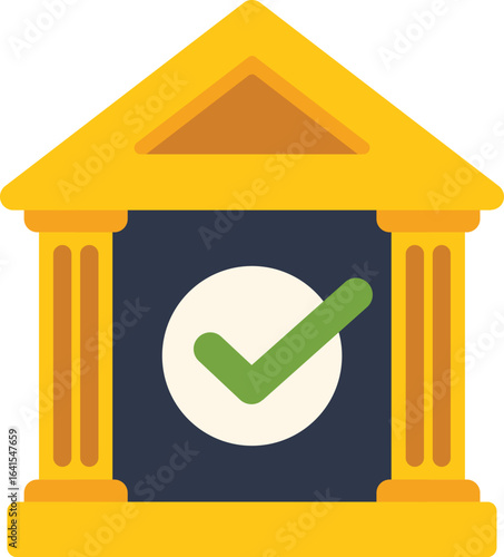 This vector illustration shows a bank building with a green check mark, representing financial security and trust