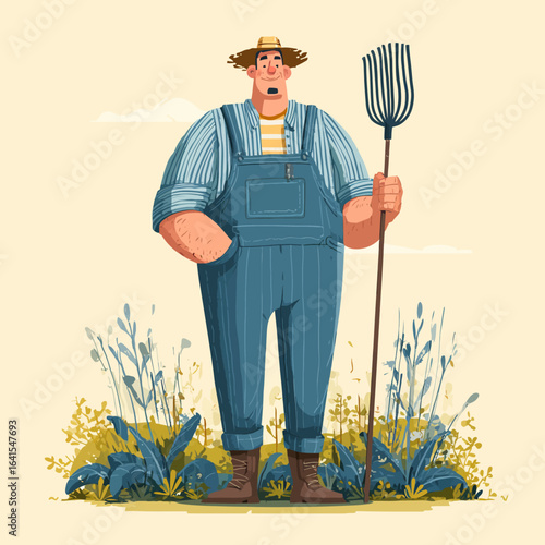 Cartoon Style Detailed Illustration of Farmer with Pitchfork Standing Proudly