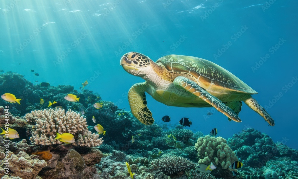 Fototapeta premium Sea turtle swims by coral reef, sun rays streaming down through blue water