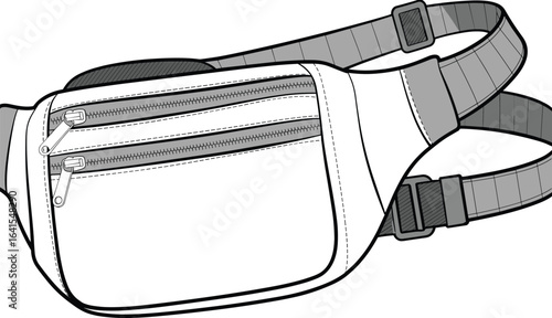 Black and white waist bag illustration, stylish belt pouch, zipper pocket fanny pack, adjustable strap bag, modern accessory design, minimalist line art vector