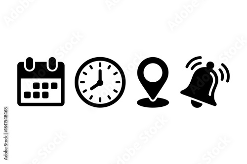 Black and white icons depicting a calendar clock location pin and ringing notification bell