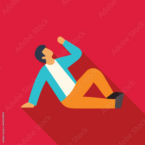 Casual young man lying down on a red background raising one arm and looking upward