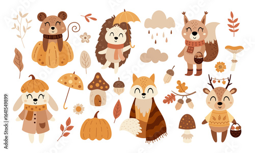 Autumn woodland animals clipart set, fall leaves, mushrooms and flowers in cartoon vector style.