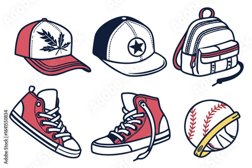 Collection of baseball caps, sneakers, and backpack