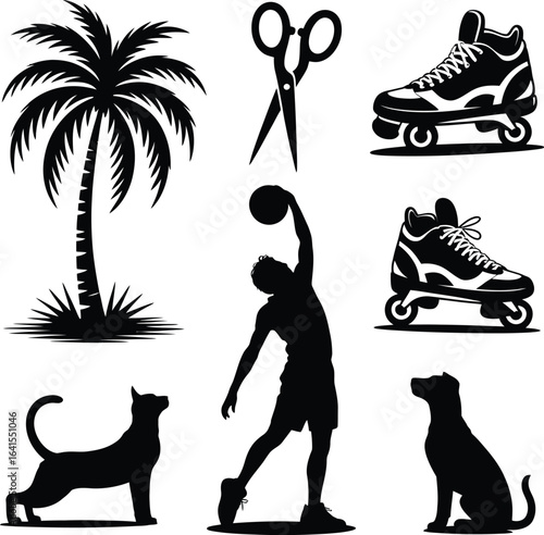 Silhouette Collection Of Palm Tree Scissors Roller Skates And Dog cutting