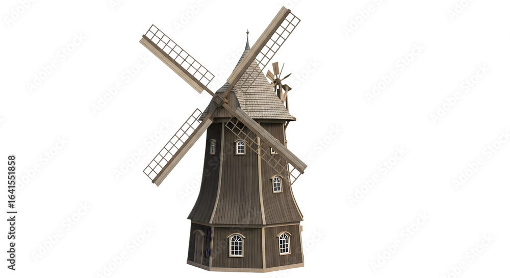 Fototapeta premium A traditional wooden windmill with four sails, isolated on a transparent background, representing rural architecture and history