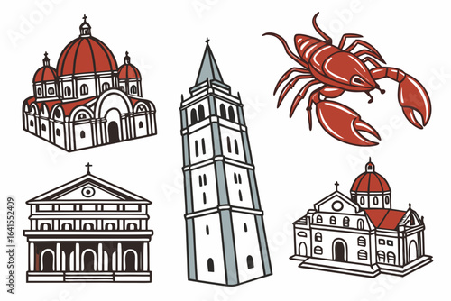 Italian landmarks and a lobster illustration isolated on white background