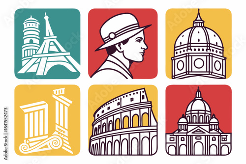 Famous european landmarks and traveler illustration