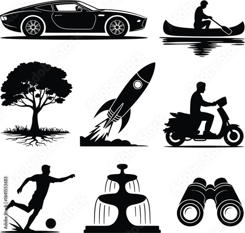 Silhouette collection of car canoe tree rocket scooter soccer player fountain and binoculars