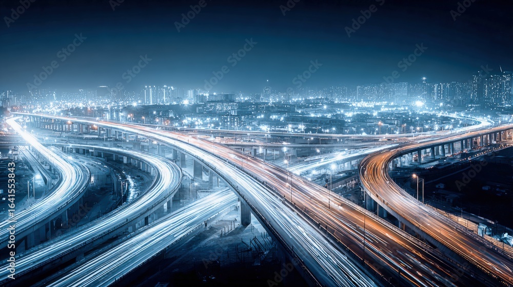 Obraz premium Cityscape at Night: Modern Highway Overpass with Blurred Motion Lights and Urban Skyline