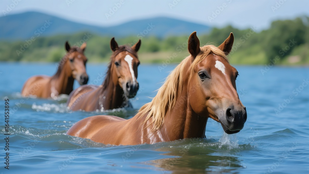 Obraz premium Horses Wading in Water, Natural Landscape and Wildlife Dynamic Scene