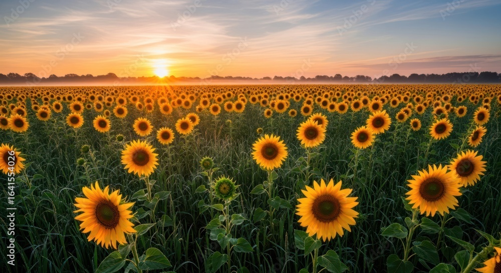 Fototapeta premium Sunflower field meets sunrise; golden light over misty horizon, serene landscape