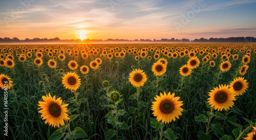 Sunflower field meets sunrise; golden light over misty horizon, serene landscape
