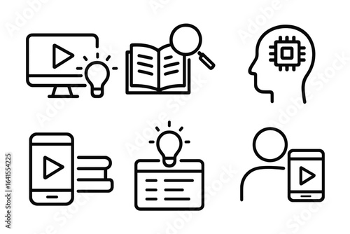 Icons representing various methods of learning and knowledge acquisition through technology and books
