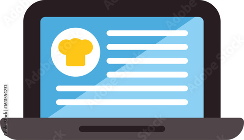 Laptop displaying online recipe website with chef hat icon, concept for cooking blog or online culinary courses
