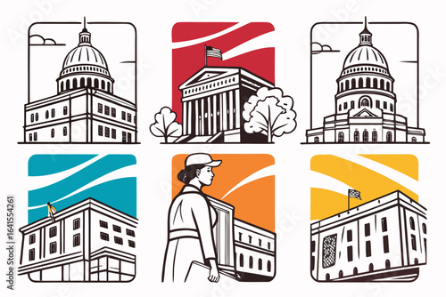 Collection of government buildings and patriotic symbols