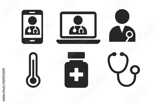 Healthcare technology icons representing telemedicine, medical diagnostics, and patient care in a modern context