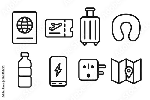 Essentials for a travel adventure including passport, luggage, and travel accessories