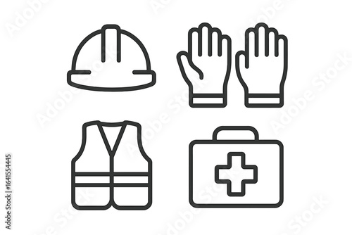 Safety equipment icons including hard hat, gloves, vest, and first aid kit used in workplace or emergency situations