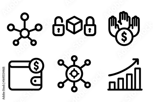 Icons representing business transactions and financial growth in a modern digital context showing growth and security measures