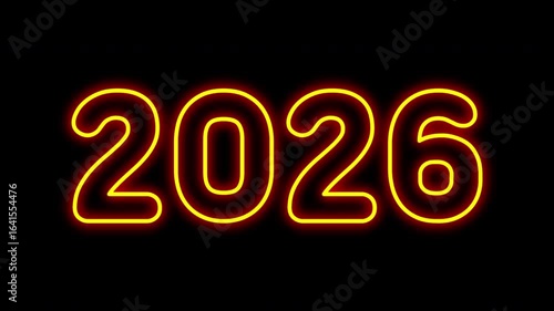 Yellow neon “2026” text on black background. Glowing outline forms first, followed by flickering numbers that drop from the top. Seamless loop, 4K horizontal video.