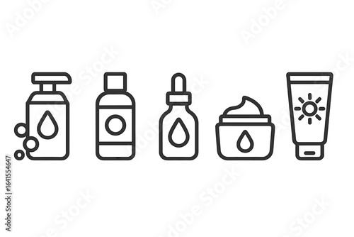 Various skincare products displayed in a minimalist style showcasing different types of lotions and serums