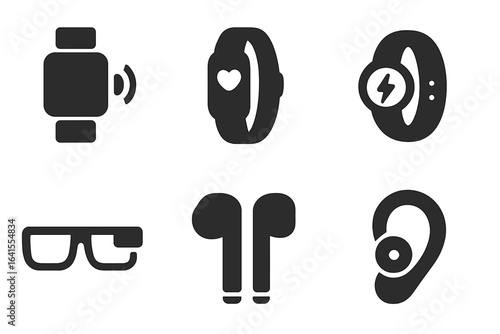 Various gadgets highlighting modern technology with wearables and audio devices showcased in a simple black and white design