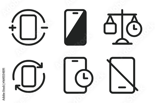 Icons representing smartphone usage, balance, and time management in modern life