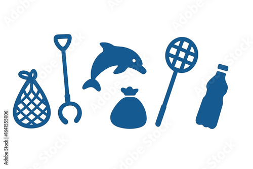 Illustrations of beach toys and utensils for a fun day by the water with a dolphin theme