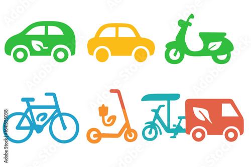 Various eco-friendly transportation modes in vibrant colors representing sustainability and innovation