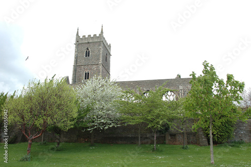 A view of a church with trees and a bird flying in the sky.