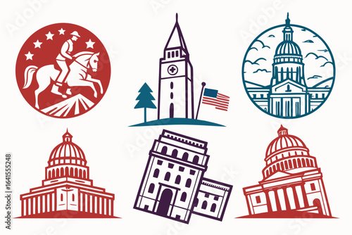 Collection of american government building icons isolated on white