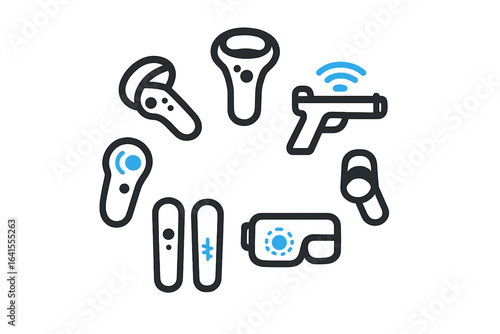 Different gaming controllers and devices displayed in a circular arrangement around a central object at a tech convention