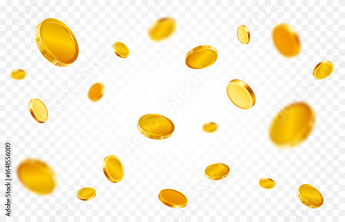 Gold coins isolated on transparent background. Coins burst and explode wealth, jackpot, treasure, and finance concept.