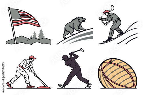 Sports and outdoor activities collage with american flag
