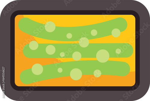 Green beans cooking in the oven, drizzled with oil and seasoned with salt and pepper, on a black baking sheet
