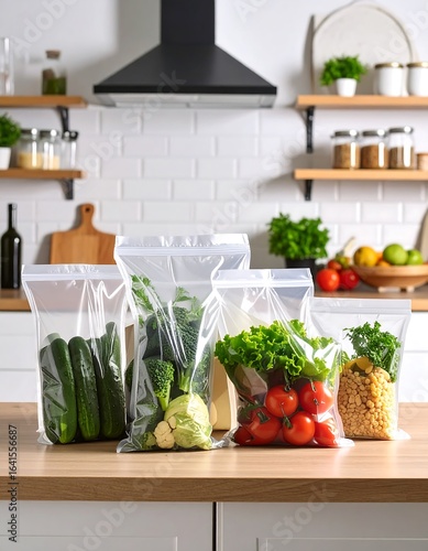 Fresh produce in reusable bags on kitchen counter