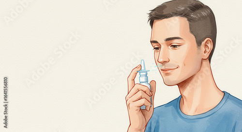 Young man using nasal spray bottle while smiling in casual blue shirt  