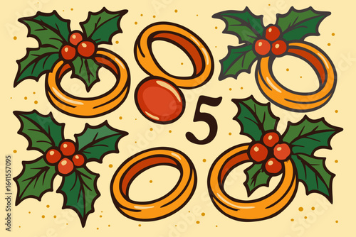 Five gold rings. The twelve days of Christmas. English Christmas carol. Fifth day. Vector isolated illustration