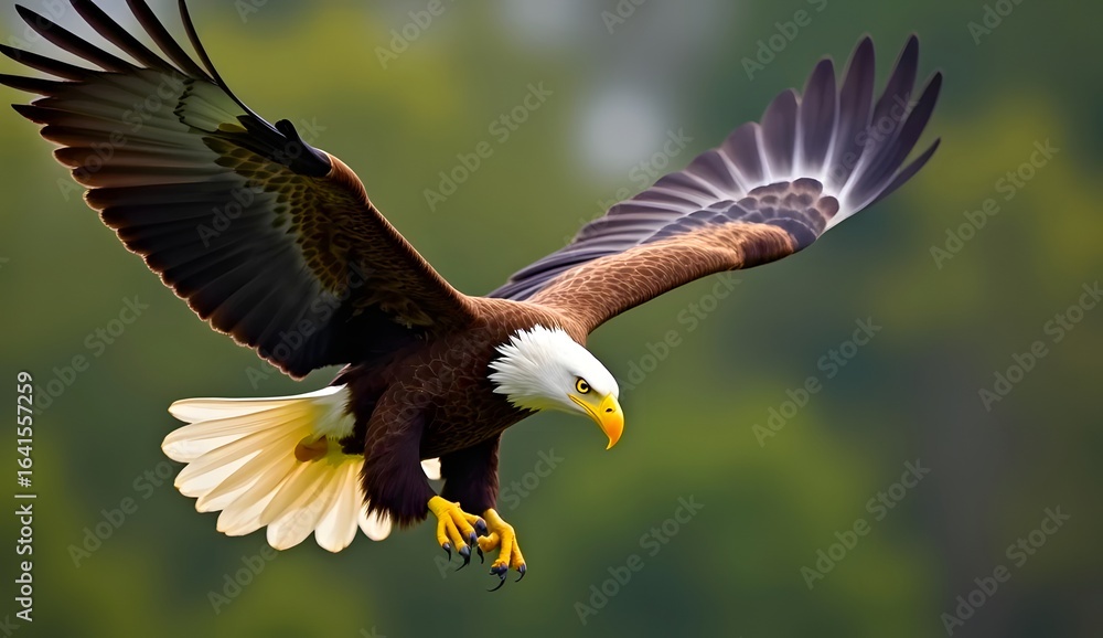 Fototapeta premium Bald eagle in flight with wings spread