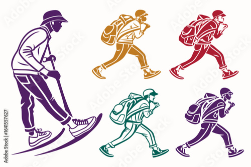 Hikers with backpacks on white background